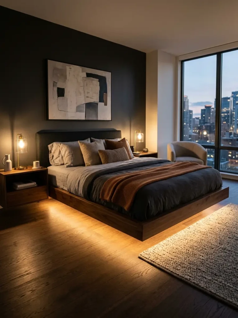 Contemporary bed featuring hidden LED lights underneath creating a floating effect and soft floor glow.