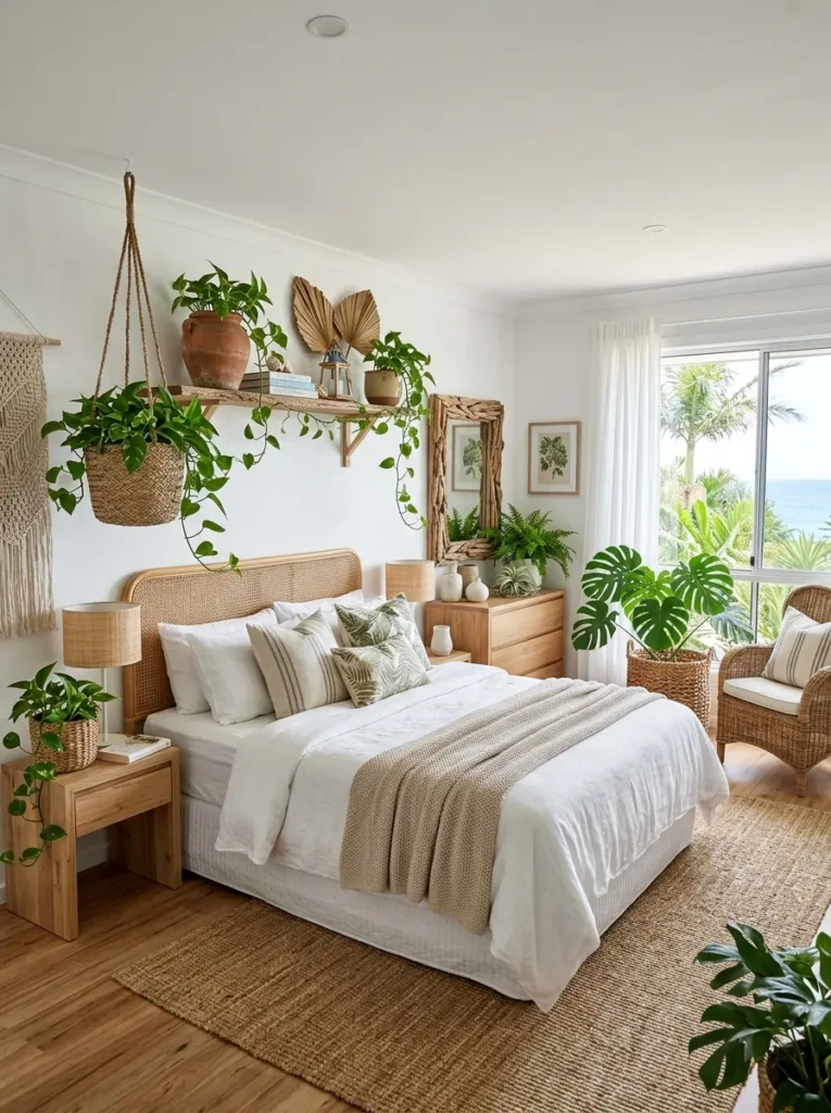 Potted greenery in woven baskets complementing beach-inspired decor