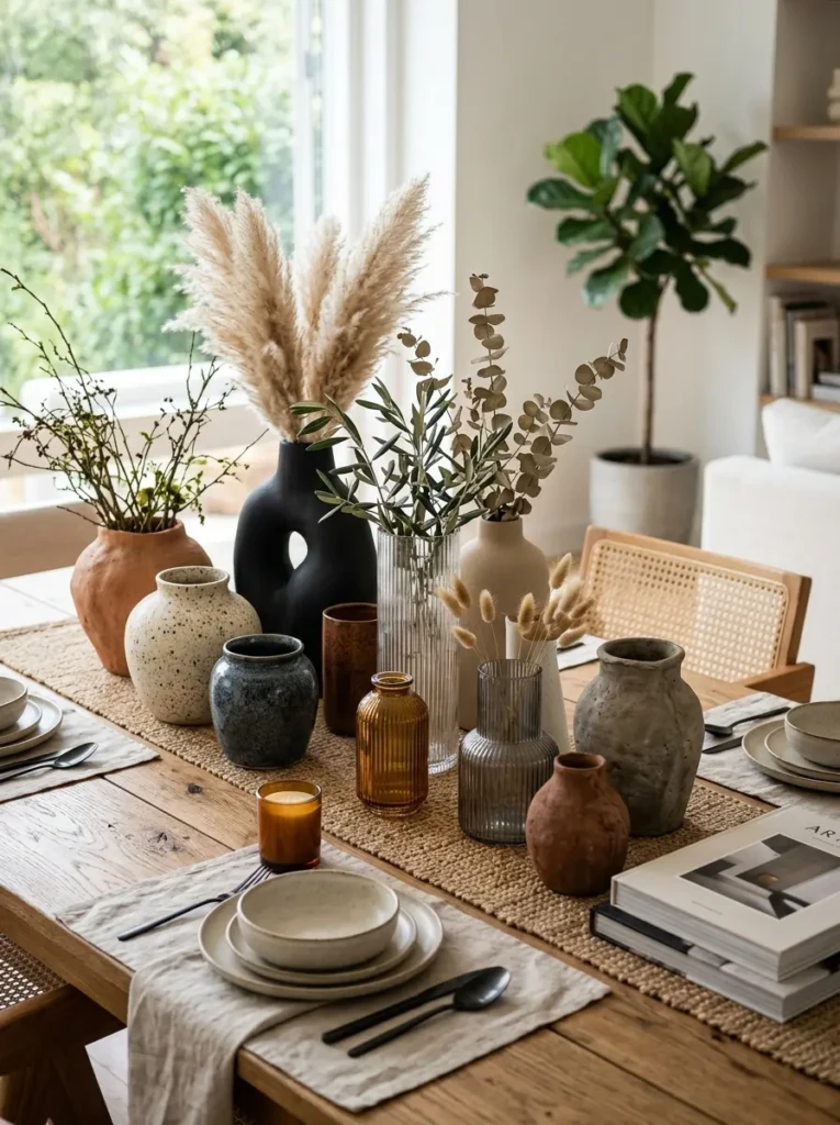 Assortment of ceramic and glass vases arranged beautifully on a dining table.