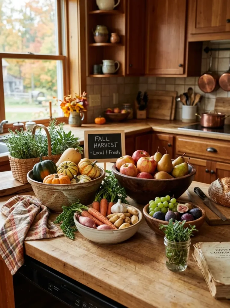 Autumn produce arranged in ceramic and wooden bowls on a kitchen counter.