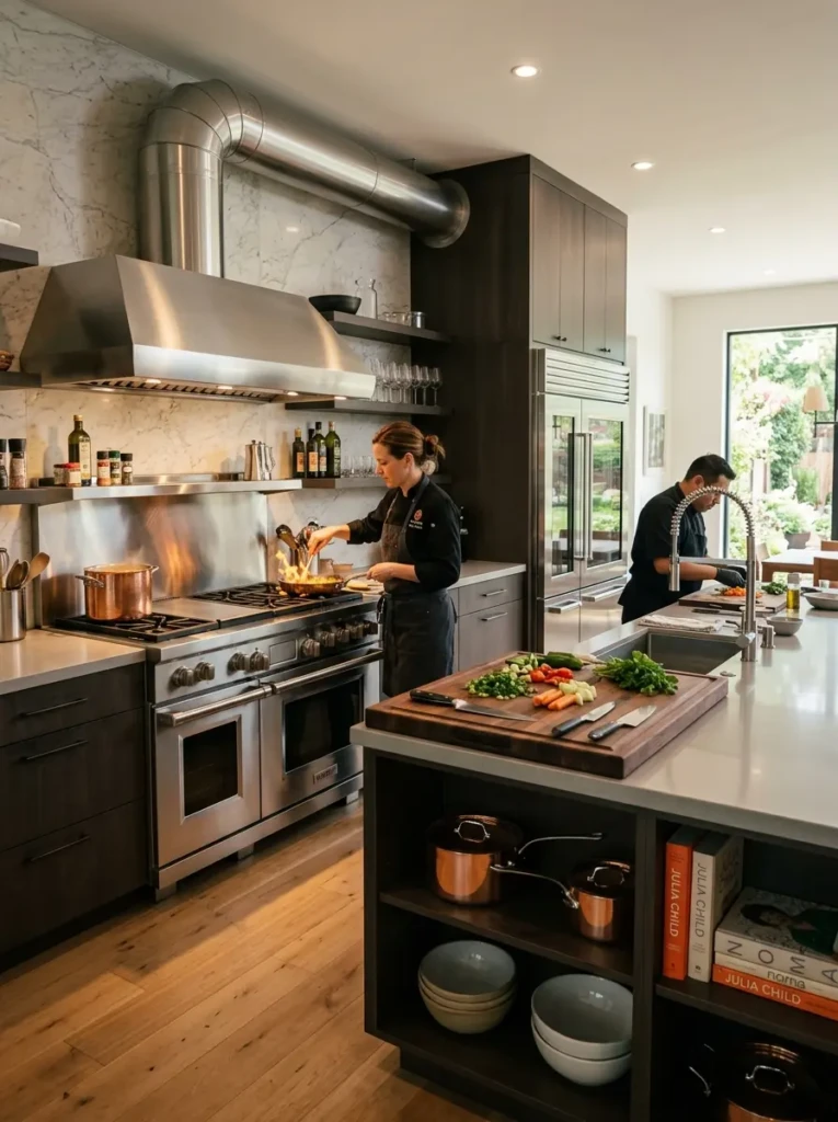 High-end chefs kitchen with a stainless steel range, large refrigerator, and premium ventilation hood.