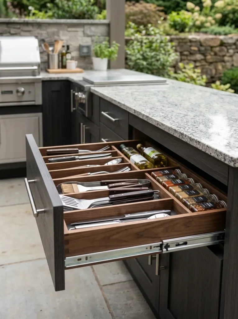 Built-in storage drawers and cabinets for a clutter-free outdoor kitchen.