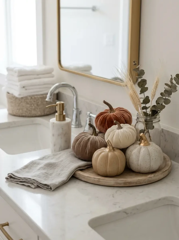 Small ceramic and velvet pumpkins arranged on a bathroom countertop for fall.
