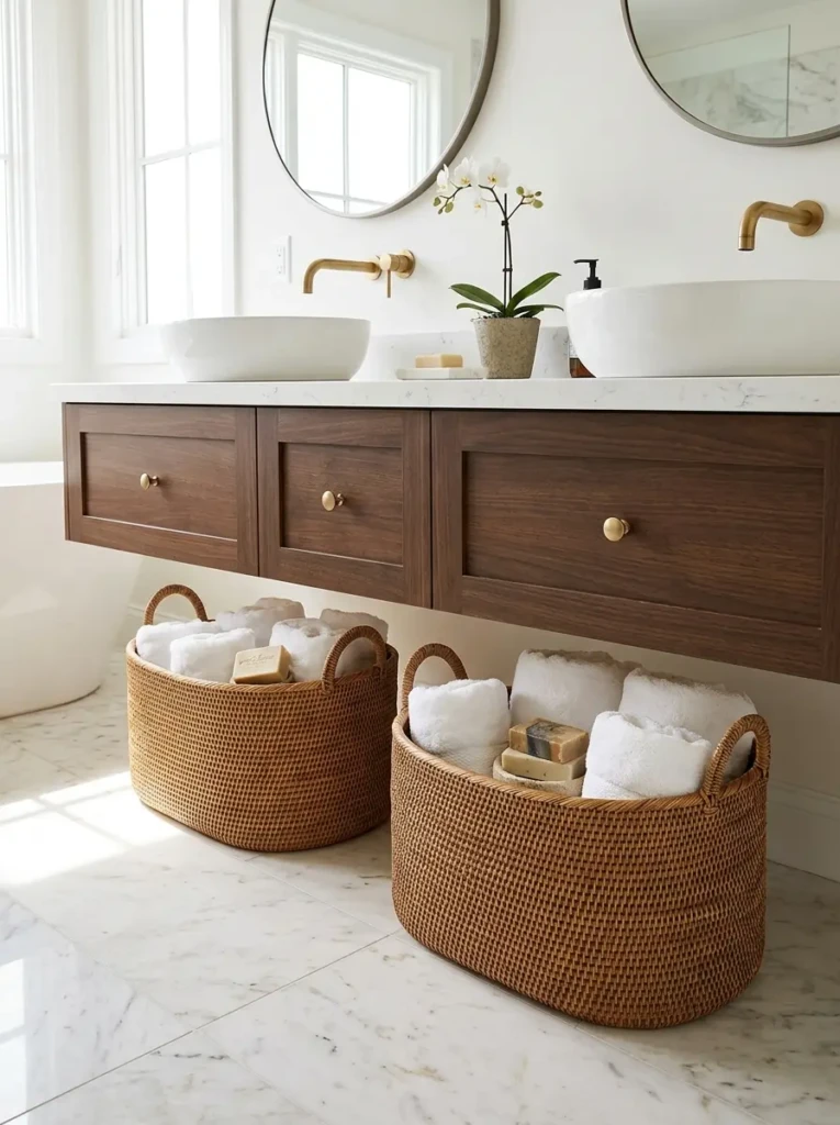 Rattan storage baskets placed beside a bathtub and under a sink
