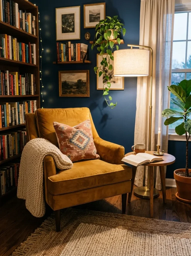 Living room nook with accent chair, side table, and inviting lighting for relaxation.