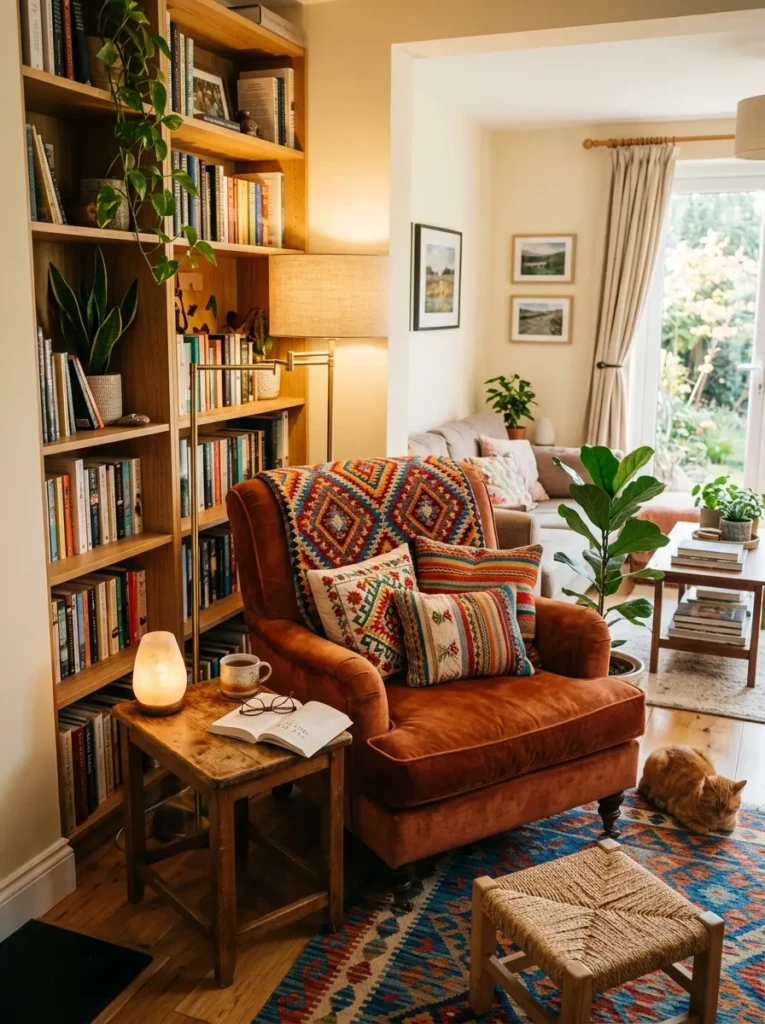 Comfortable reading corner styled with colorful textiles and inviting decor.