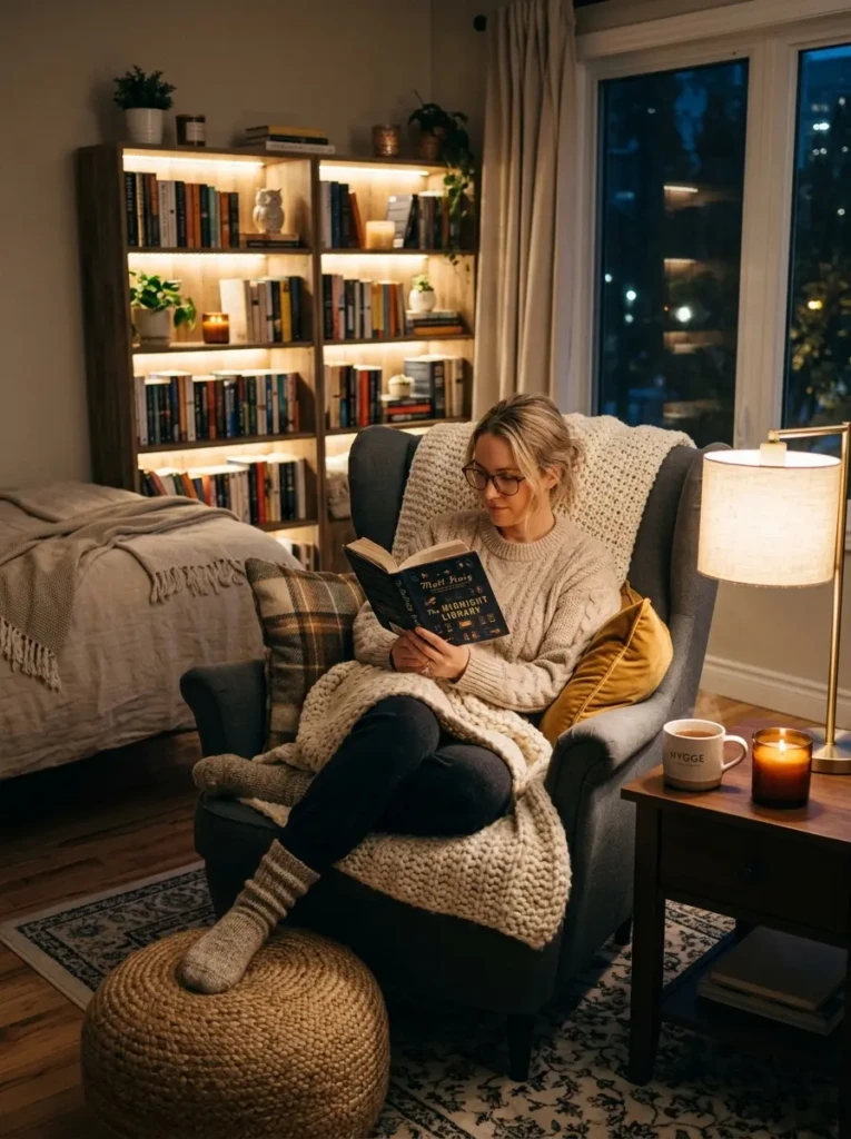Comfortable reading corner with an armchair, blankets, bookshelves, and warm LED accent lights.