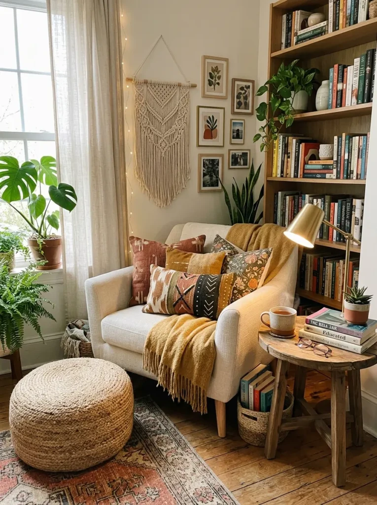 Bohemian reading nook with pouf seating, books, and decorative pillows.