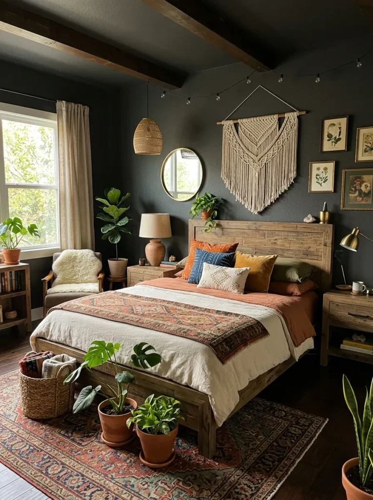 Cozy dark bedroom featuring reclaimed wood furniture and decor.