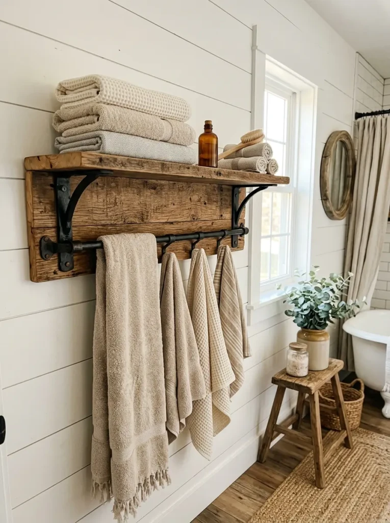 Rustic bathroom with reclaimed wood towel rack and black iron hardware details.