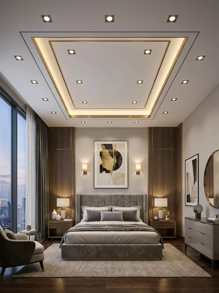 Bedroom featuring a geometric gypsum ceiling with recessed lighting and modern styling.