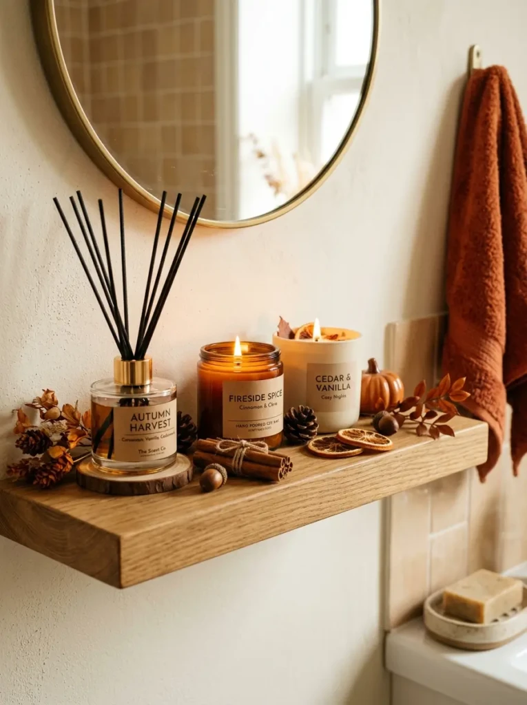 Reed diffuser and candles displayed on a bathroom shelf for seasonal fragrance.
