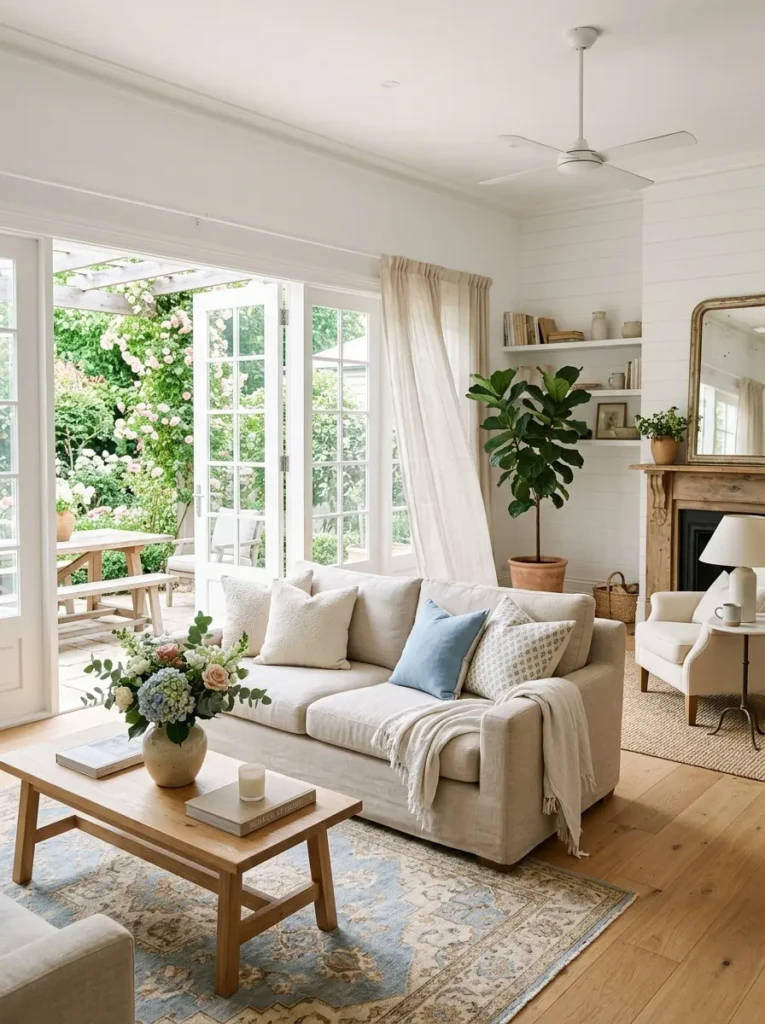Beautiful airy home filled with natural light, cozy decor, and elegant summer style.