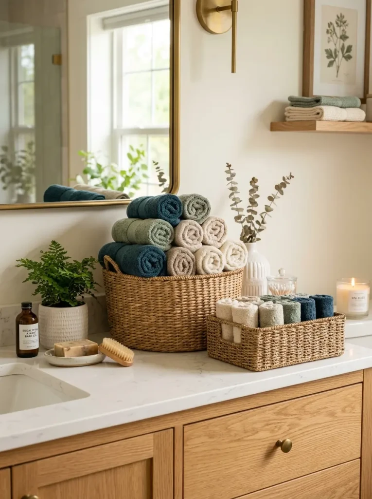 Rolled colorful towels arranged in baskets and shelves