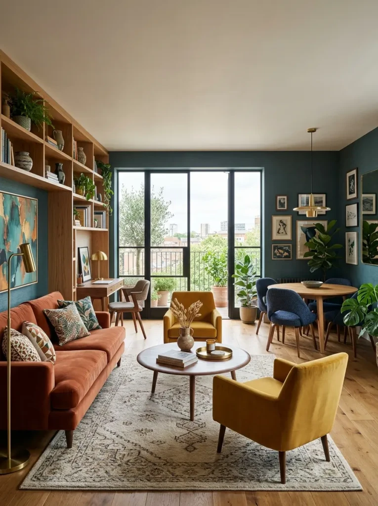 Chandelier and gallery wall visually connecting living and dining zones.