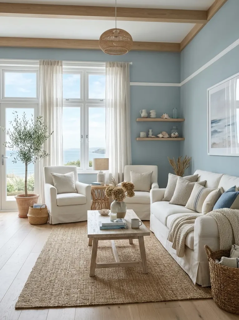 Bright and airy room with misty blue walls, warm white furniture, woven baskets, natural textures, and calming coastal decor.