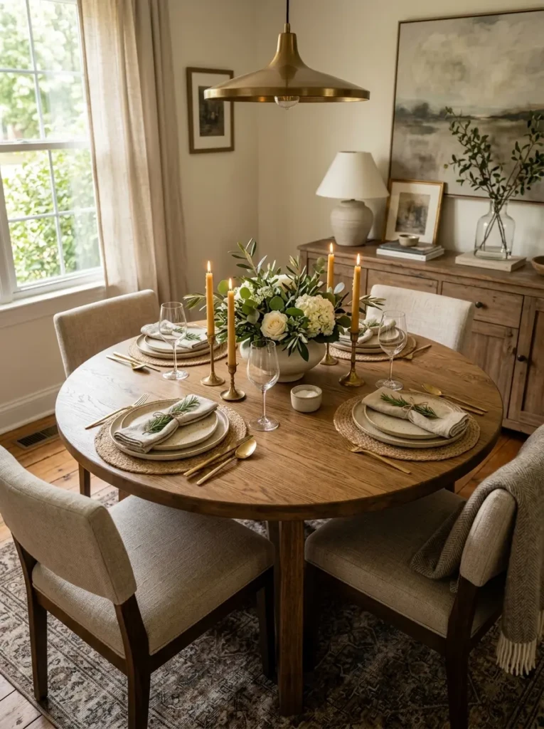 Round dining table with practical decor and ample space for serving dishes.