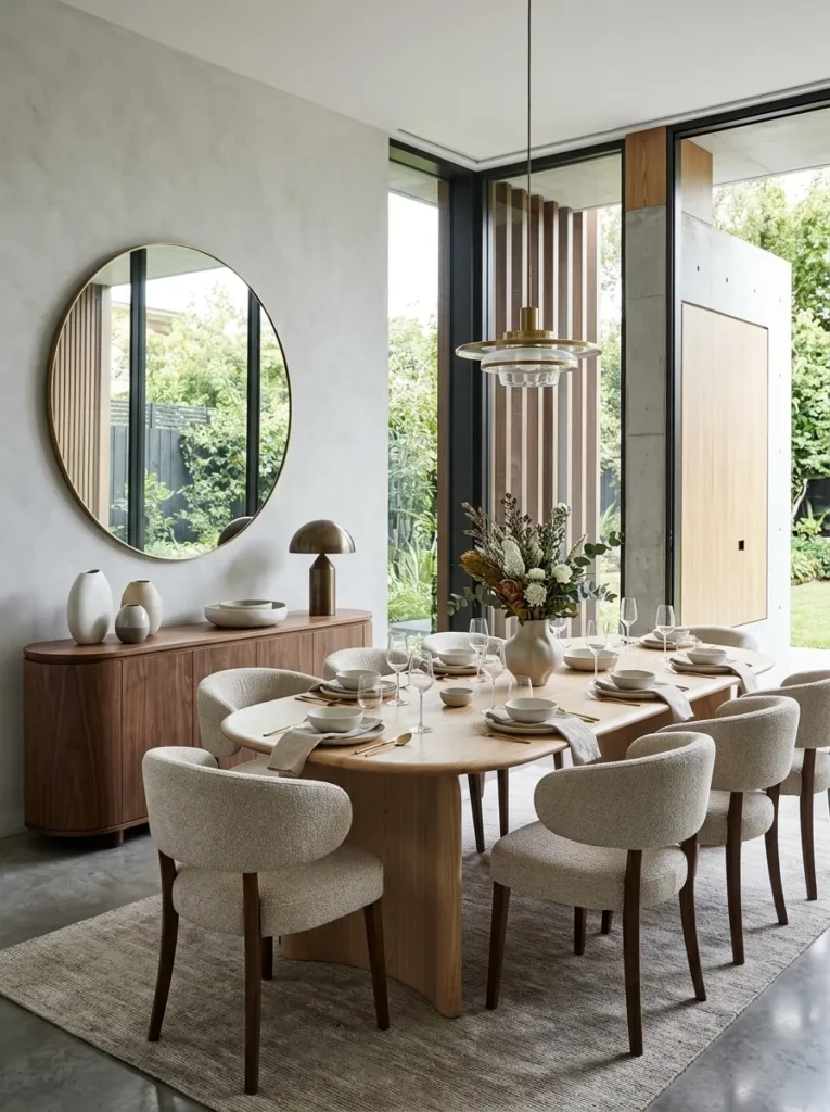Dining room featuring rounded mirrors, oval vases, and elegant curved furniture