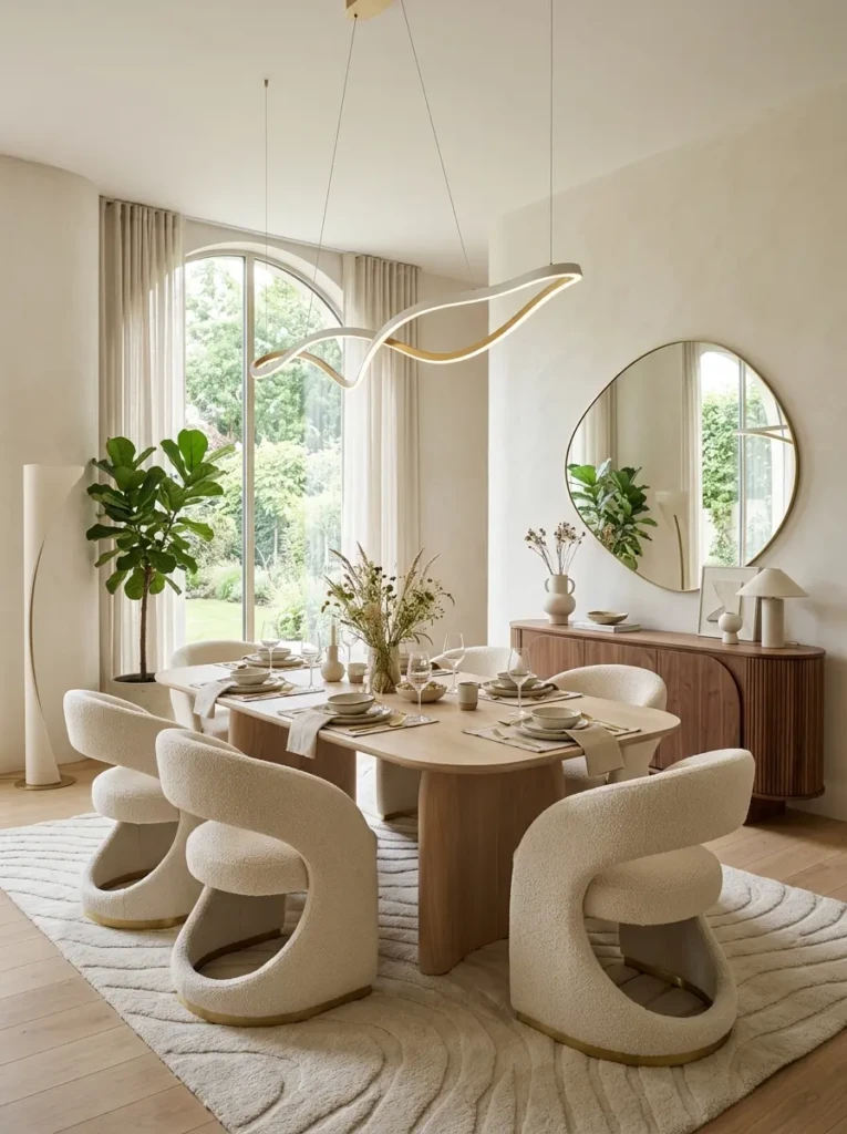 Round dining table and curved chairs in an organic modern dining room.
