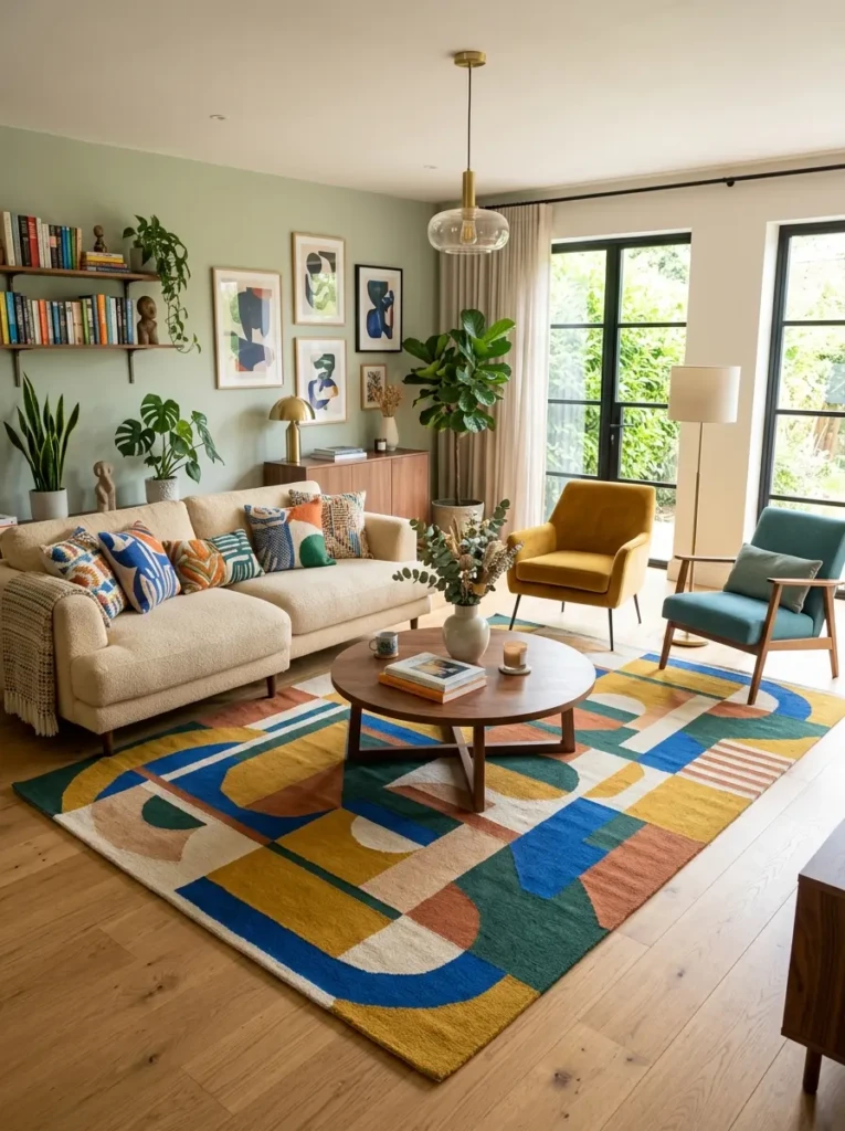 Furniture arranged around a colorful rug that ties together a bright aesthetic living room.