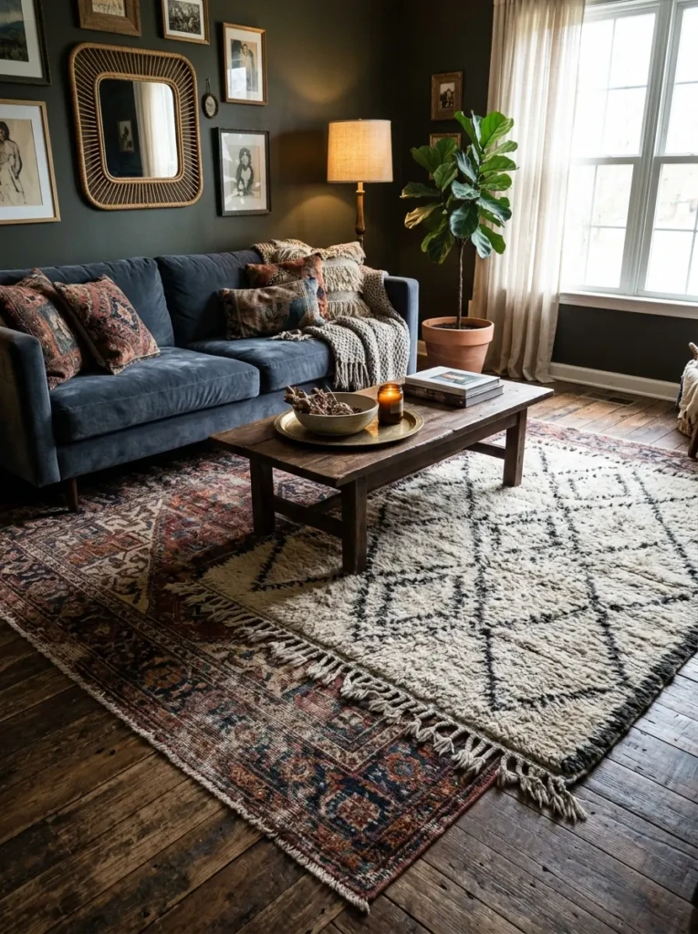 Patterned rugs adding warmth and depth to a dark bedroom.