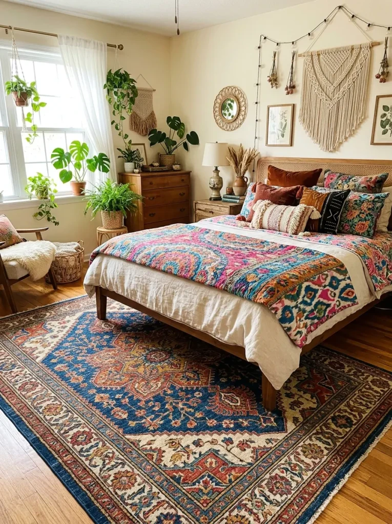 Decorative boho rug coordinated with colorful bedding and room accessories.