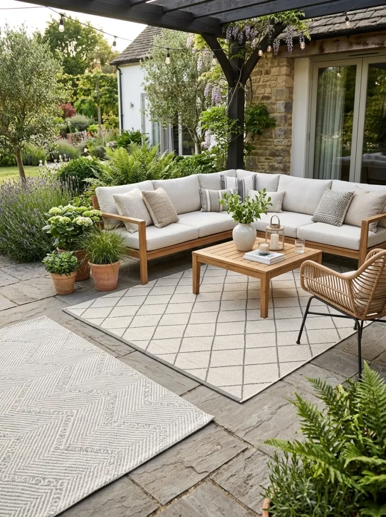Weather-resistant patio rugs with neutral tones and subtle patterns.