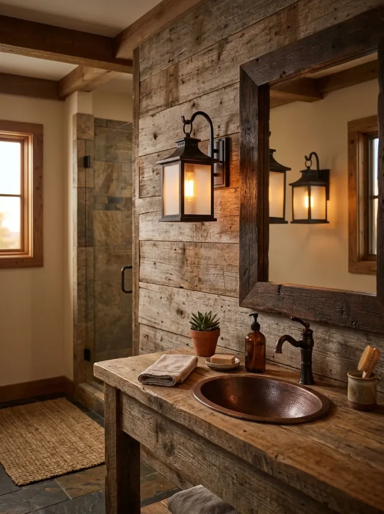 Lantern-style wall lighting creating a warm and relaxing farmhouse atmosphere.