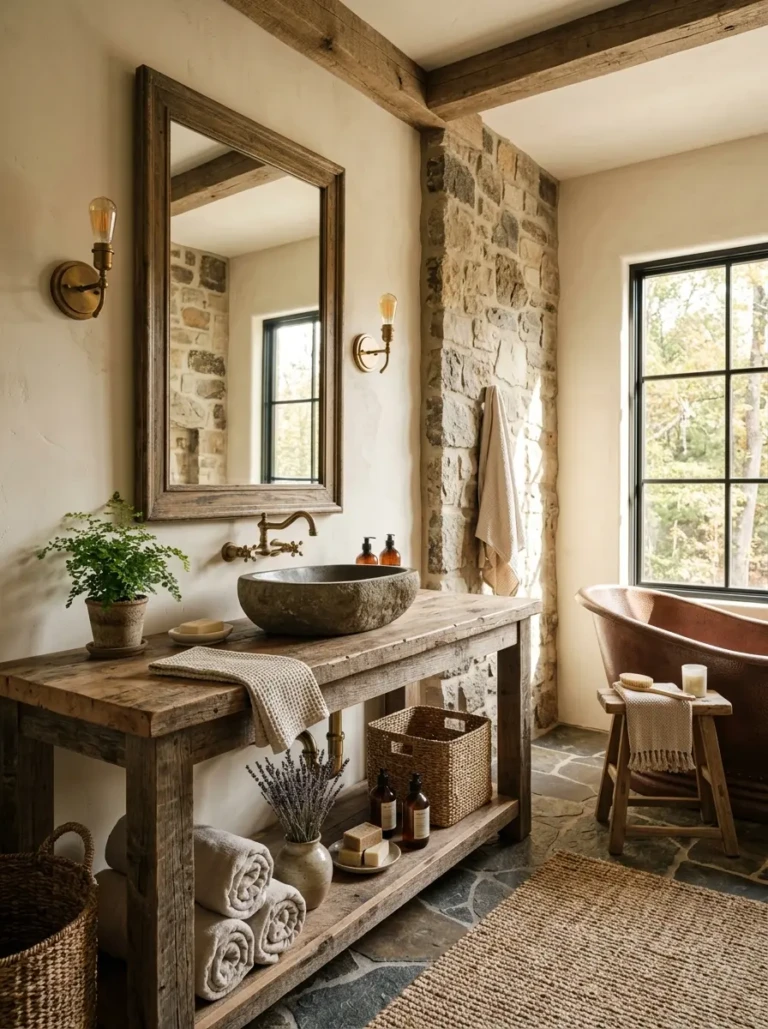 Cozy rustic bathroom with weathered wood, warm lighting, natural textures, and inviting farmhouse-inspired decor.