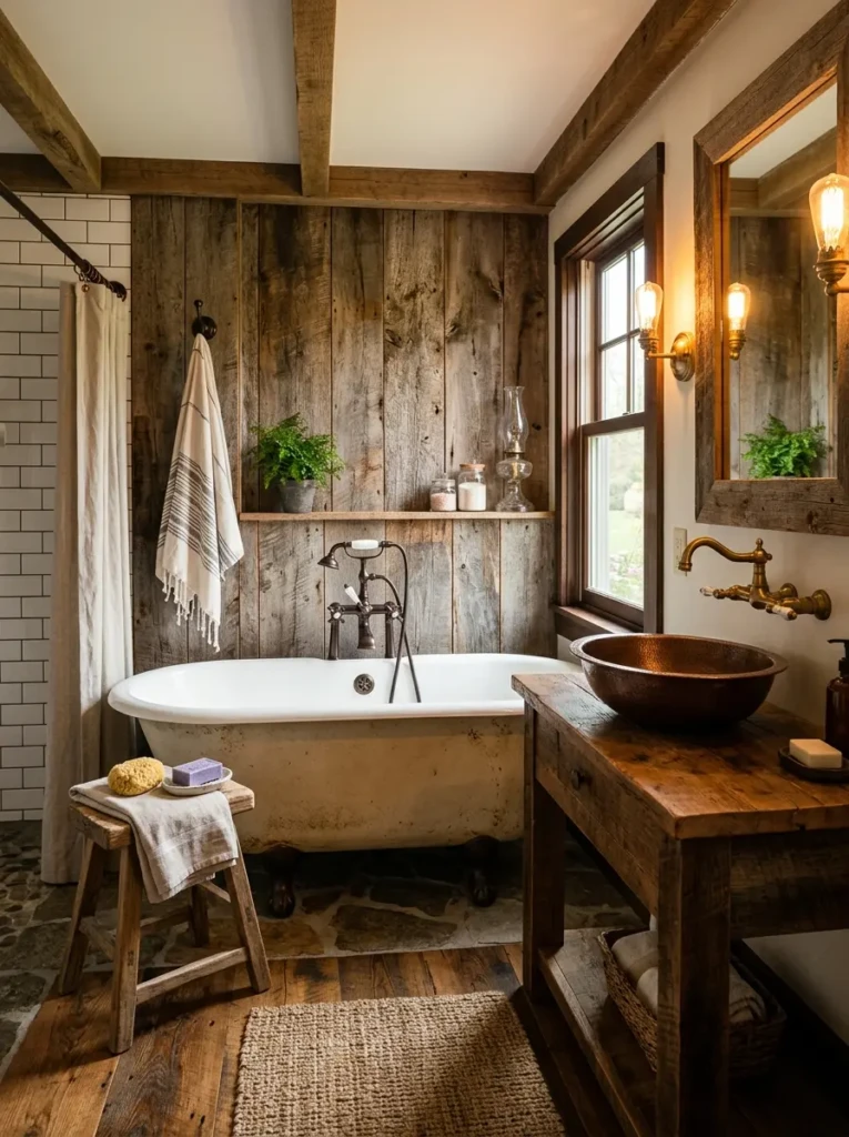 Rustic bathroom featuring aged brass and bronze fixtures paired with natural wood accents.