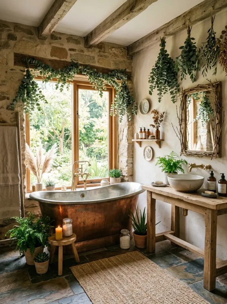 Rustic bathroom decorated with eucalyptus, ceramics, and organic natural elements.