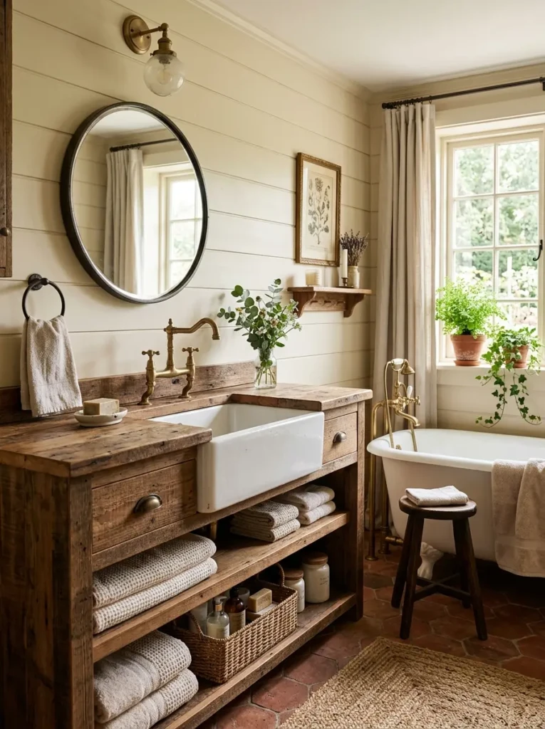Rustic bathroom with a deep white farmhouse sink, wood vanity, and vintage fixtures.
