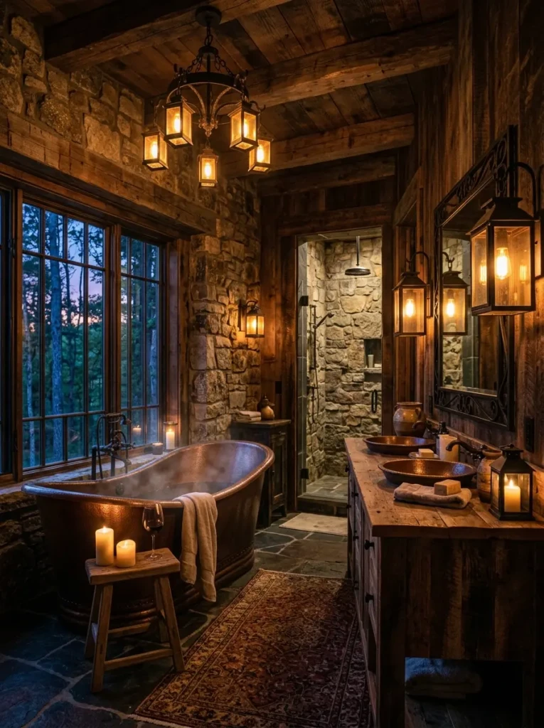 Rustic bathroom illuminated by lantern-style sconces and warm ambient lighting.