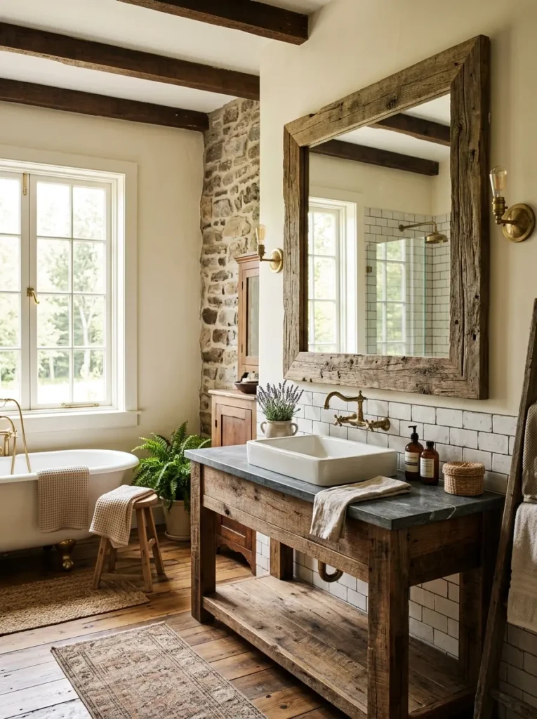 Rustic bathroom featuring a large reclaimed wood framed mirror and natural textures.