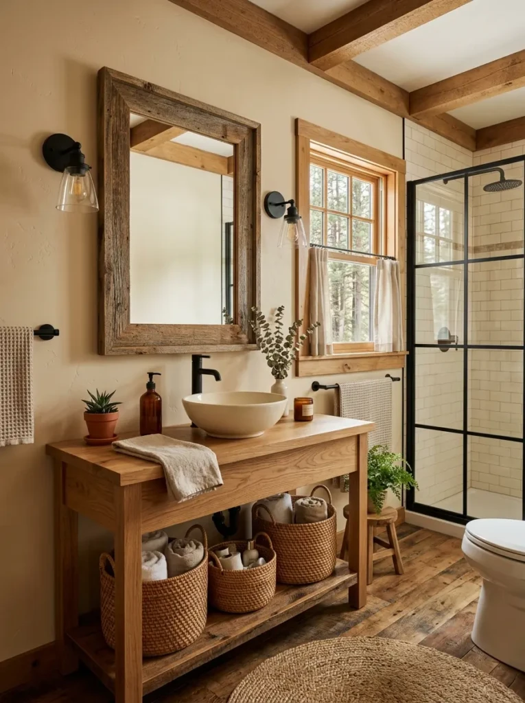 Cozy rustic bathroom featuring a reclaimed wood-framed vanity mirror and natural decor.