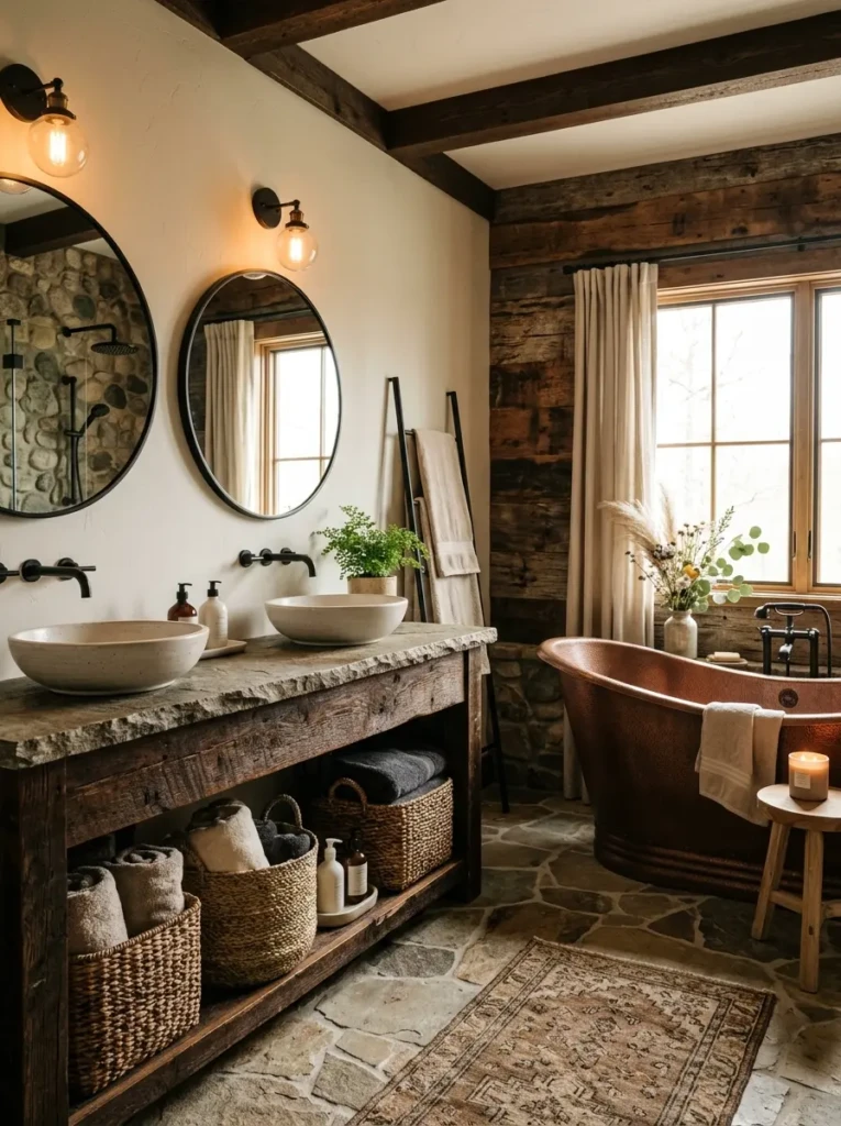Rustic bathroom combining wood, stone, linen, wicker, and metal textures for a cozy look.