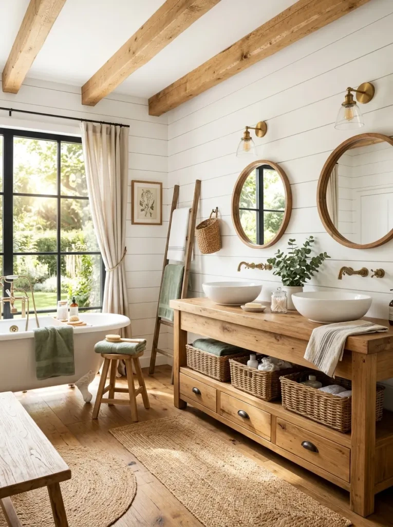 Bright rustic bathroom with white shiplap walls, wood vanity, and farmhouse decor.