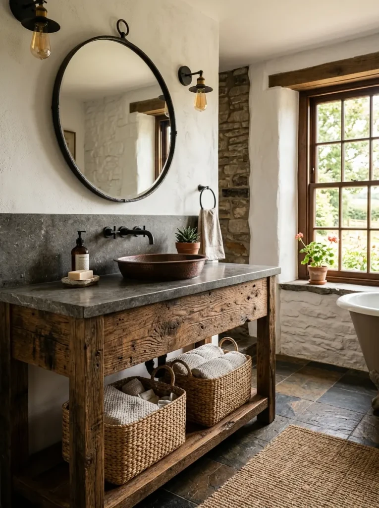 Rustic bathroom featuring a reclaimed wood vanity, stone countertop, matte black hardware, and woven baskets.