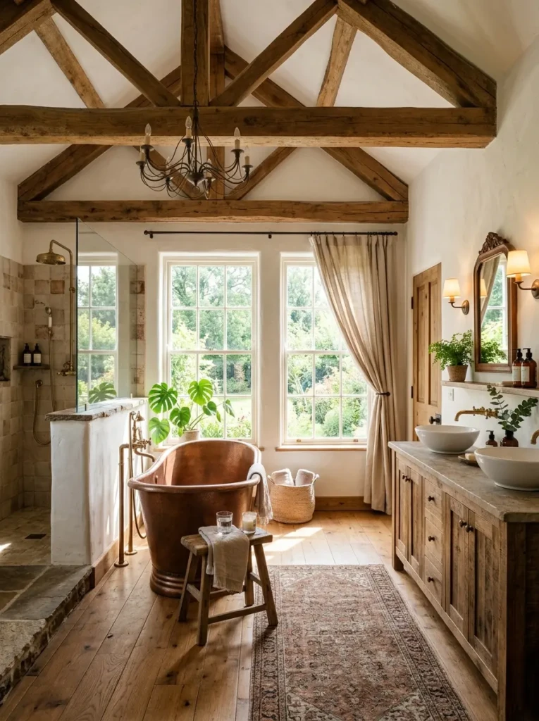 Elegant rustic bathroom showcasing exposed wood ceiling beams and warm natural light.