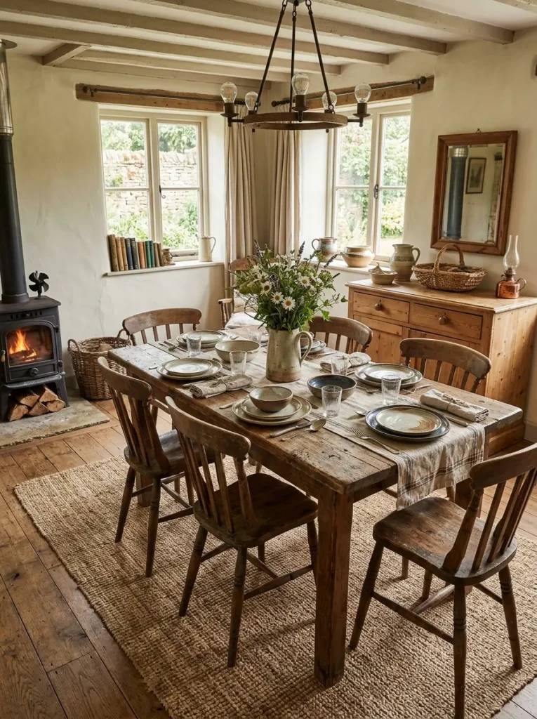 Rustic dining room featuring pottery, reclaimed wood furniture, and a natural jute rug.