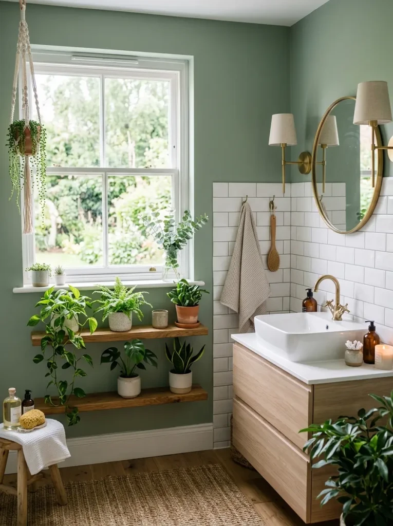 Fresh sage green bathroom featuring white subway tiles, wooden shelves, and lush indoor plants.