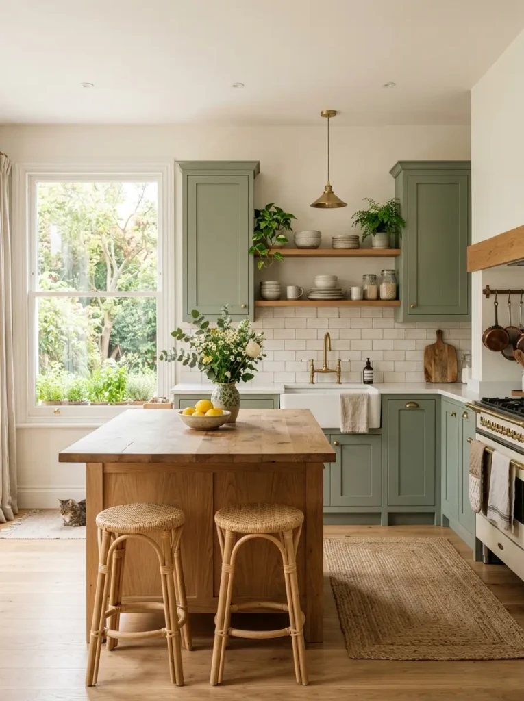 Peaceful kitchen featuring sage green cabinetry, wood accents, and bright natural lighting.