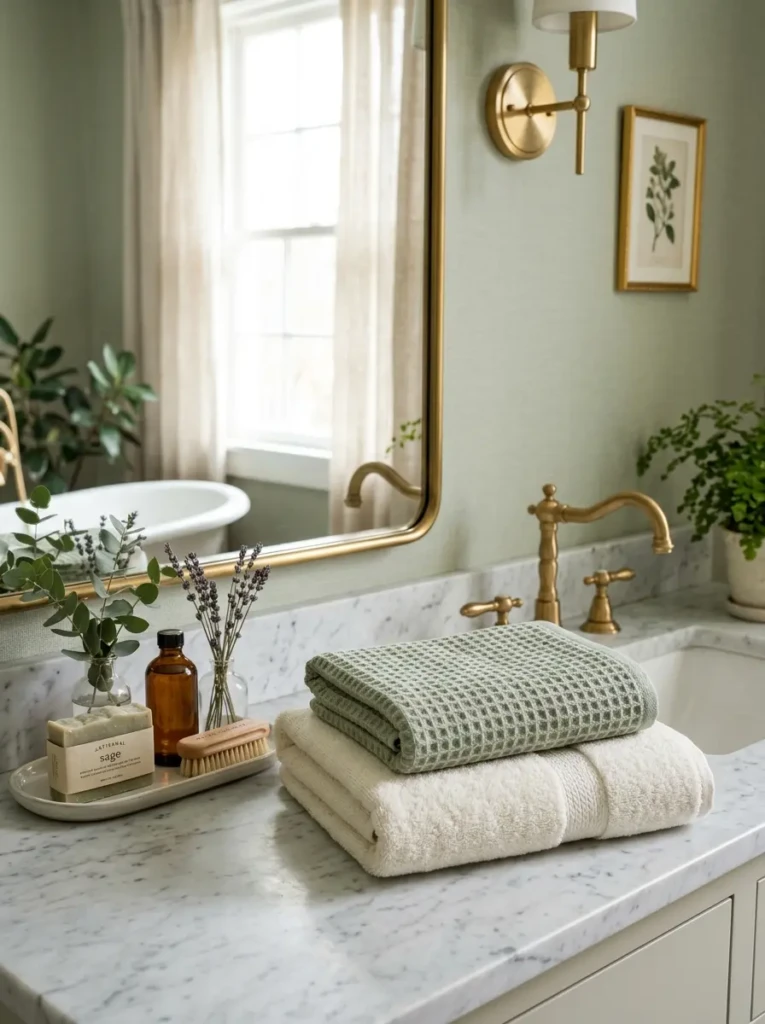Sage green and ivory towels layered on a towel rack for a luxurious look.