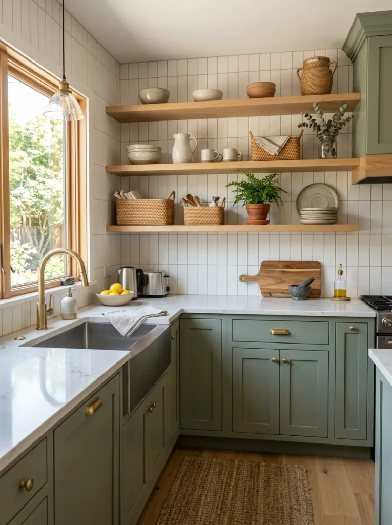 Sage green kitchen cabinetry paired with white countertops, brass hardware, oak shelves, and decorative ceramics.