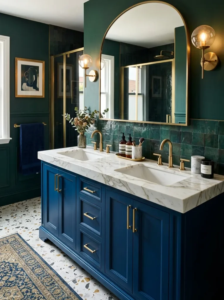 Sapphire vanity with marble countertop and gold hardware