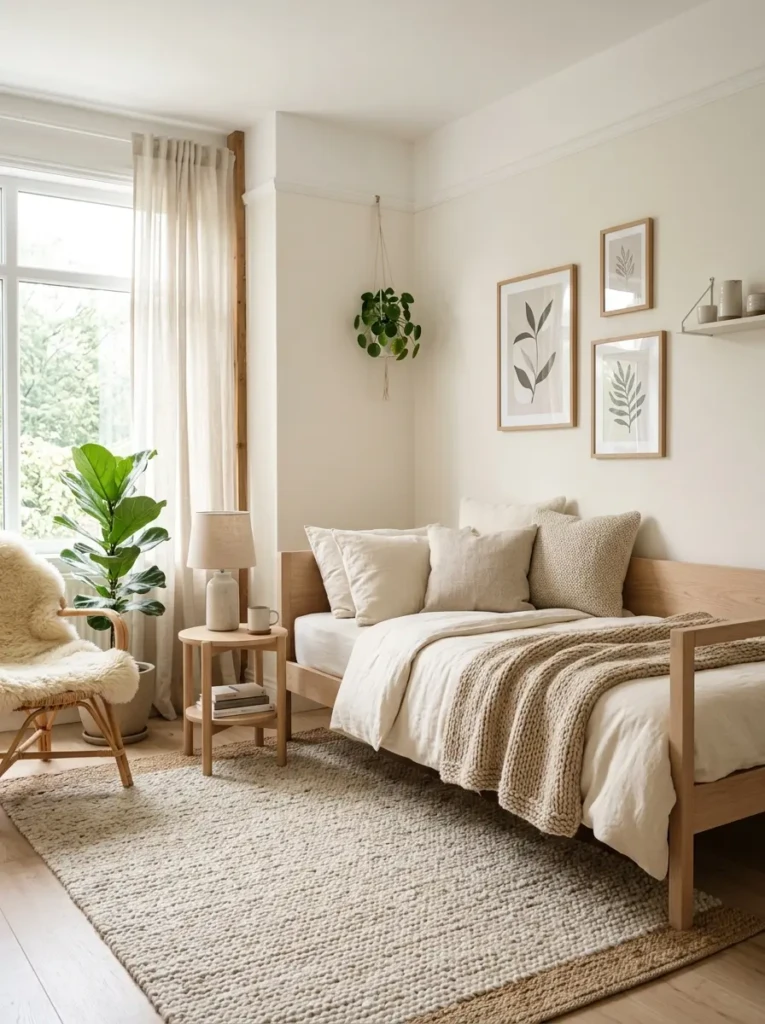 Bright Scandinavian bedroom featuring a pale wood day bed, cream bedding, and minimalist decor.