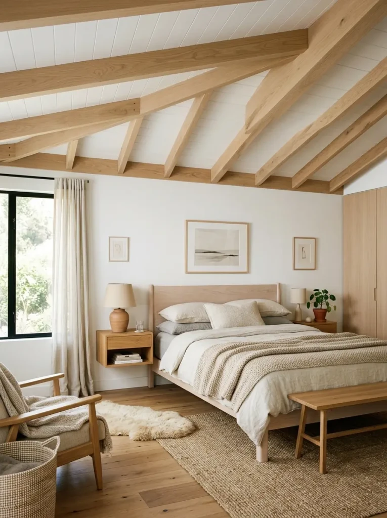 Bedroom featuring a white ceiling with subtle wood accents and natural light.