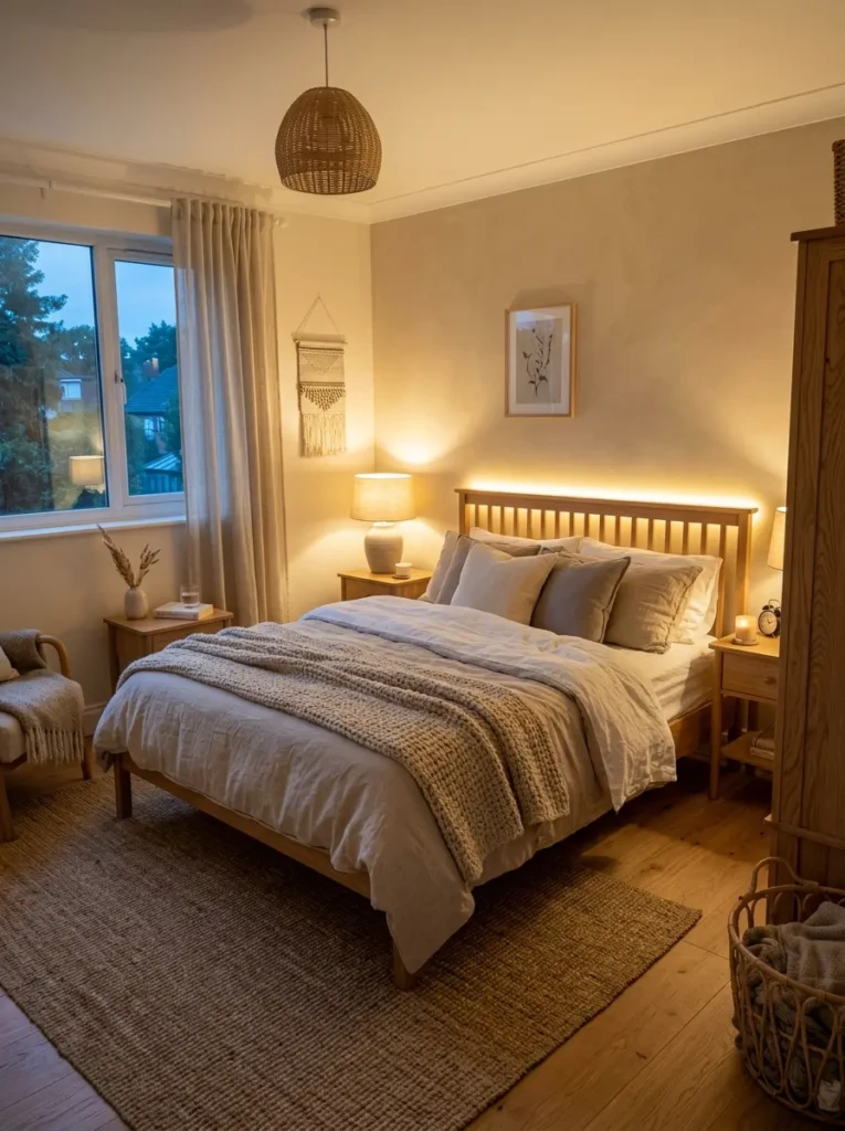 Scandinavian-style bedroom with natural wood furniture enhanced by warm LED accent lighting.