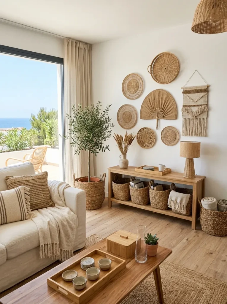 Seagrass baskets and bamboo decor adding warmth and texture to a room.