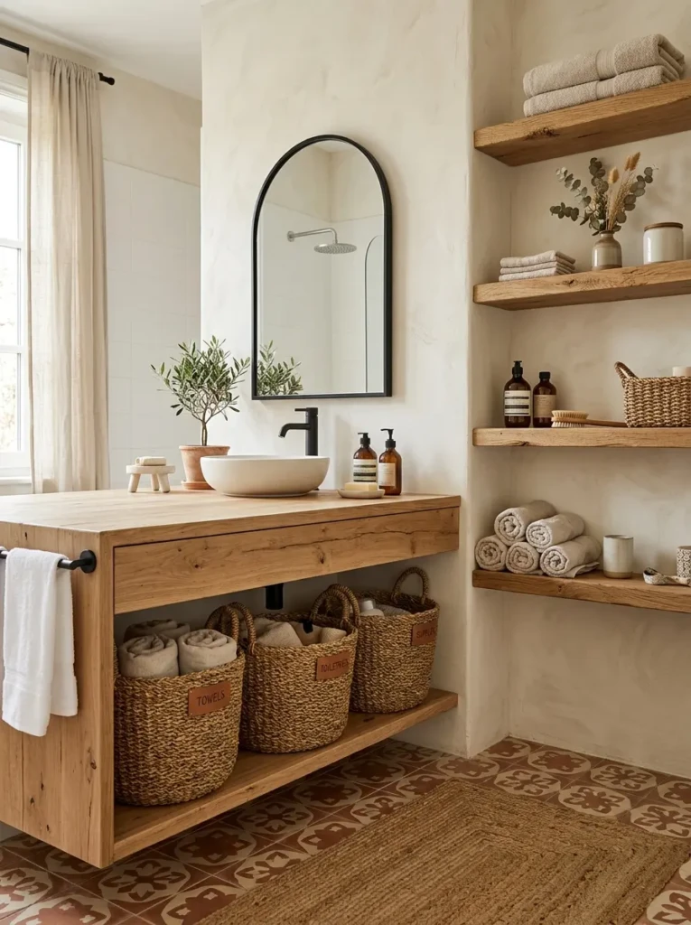 Seagrass storage baskets providing functional and decorative bathroom organization.